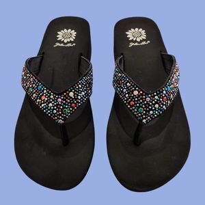 Black Yellow Box "Africa" Bejeweled Platform Flip Flops, size 8